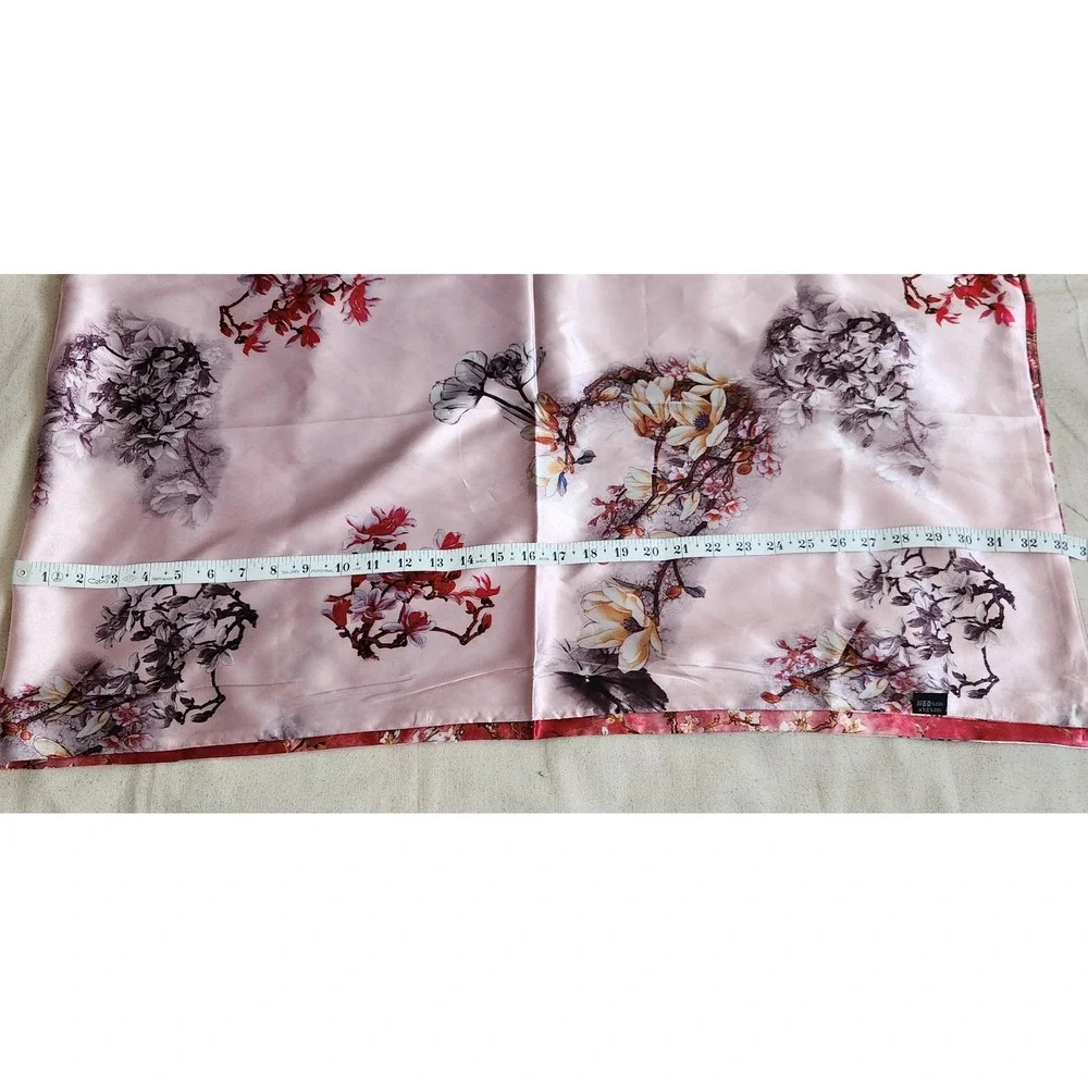100% Silk Reversible Floral Scarf Pink Red Blossom Tree Branches Long Wrap 66x18